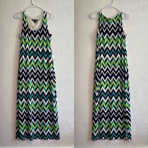 VTG Mod Maxi Dress Chevron Print Blue Green Sz M Op Art